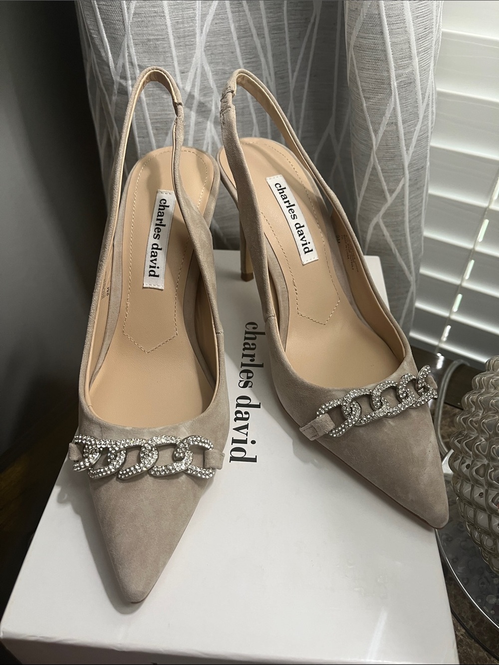 Charles David Taupe Suede Pointed Slingback Heels with Crystal Chain